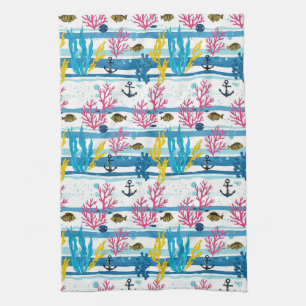 Retro Nautical Watercolor Pattern (2) Tea Towel