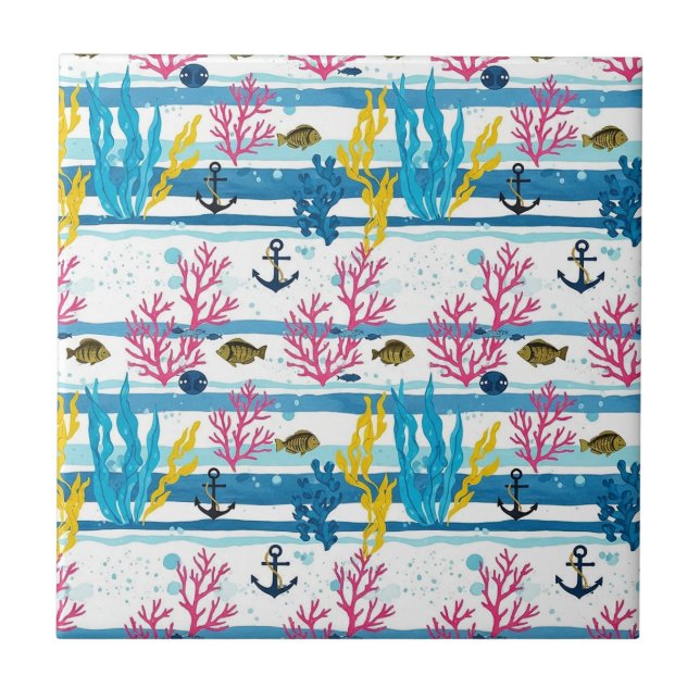 Retro Nautical Watercolor Pattern (2) Tile (Front)