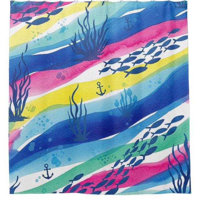 Retro Nautical Watercolor Pattern (3) Shower Curtain (Front)