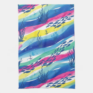Retro Nautical Watercolor Pattern (3) Tea Towel