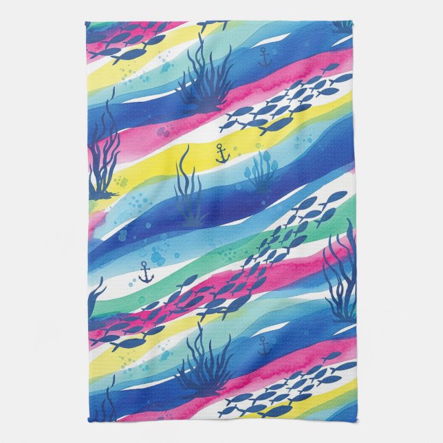 Retro Nautical Watercolor Pattern (3) Tea Towel (Vertical)