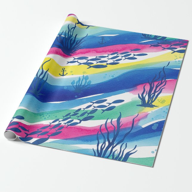 Retro Nautical Watercolor Pattern (3) Wrapping Paper (Unrolled)