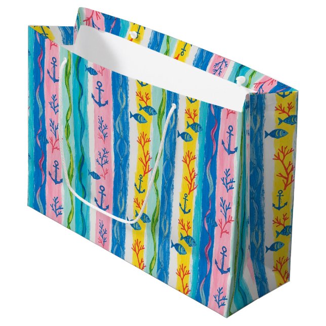Retro Nautical Watercolor Pattern (4) Large Gift Bag (Front Angled)