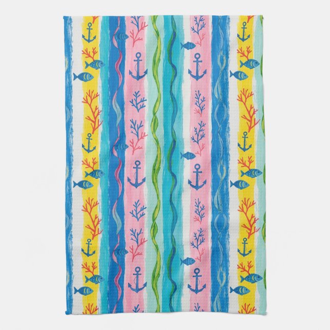 Retro Nautical Watercolor Pattern (4) Tea Towel (Vertical)