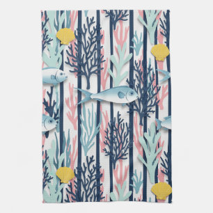 Retro Nautical Watercolor Pattern (6) Tea Towel