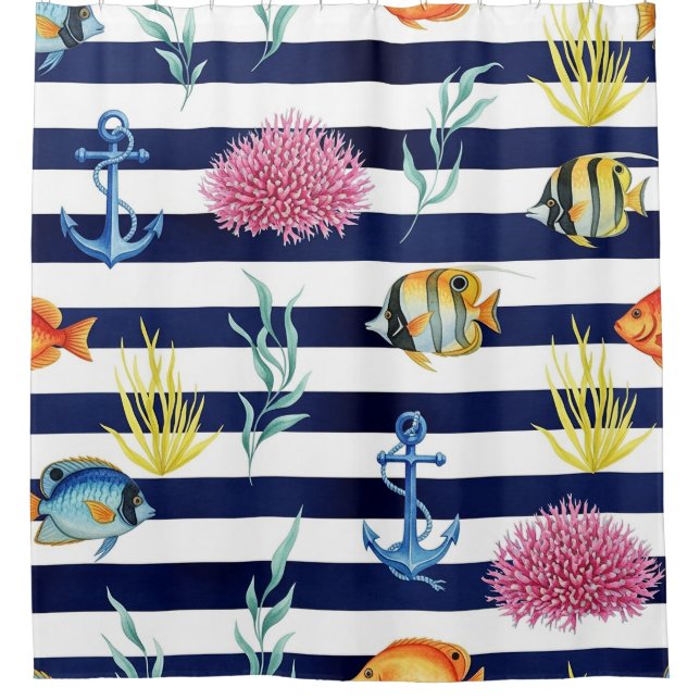 Retro Nautical Watercolor Pattern (8) Shower Curtain (Front)