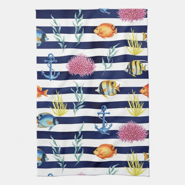 Retro Nautical Watercolor Pattern (8) Tea Towel (Vertical)