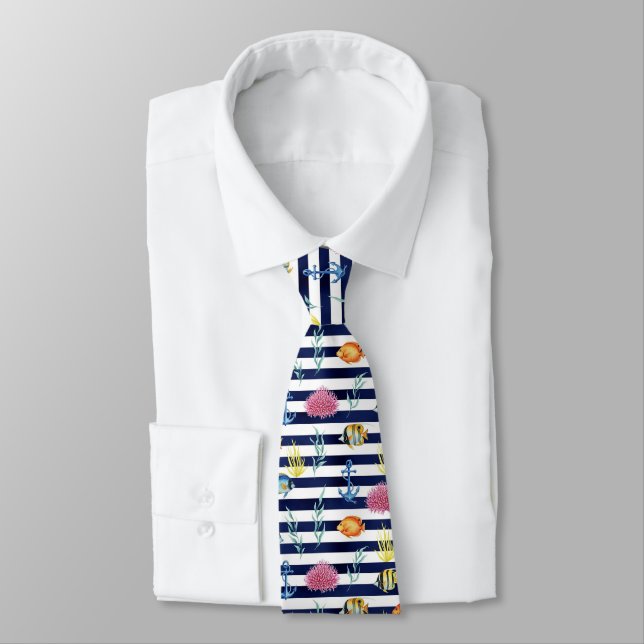 Retro Nautical Watercolor Pattern (8) Tie (Tied)