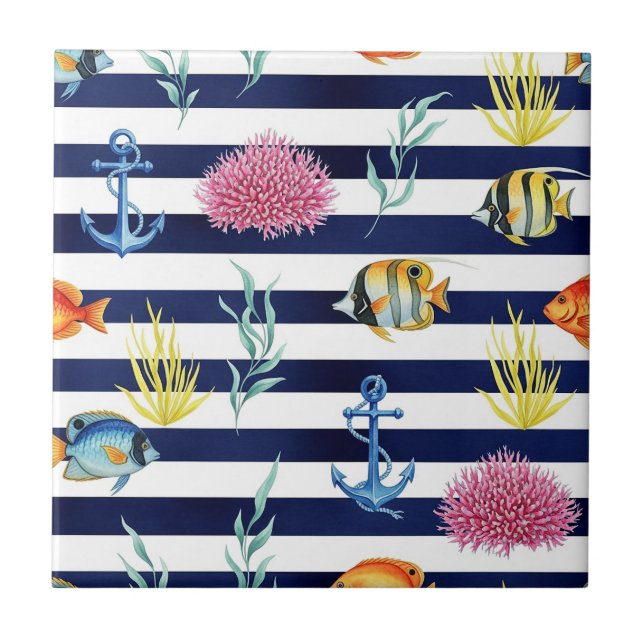 Retro Nautical Watercolor Pattern (8) Tile (Front)