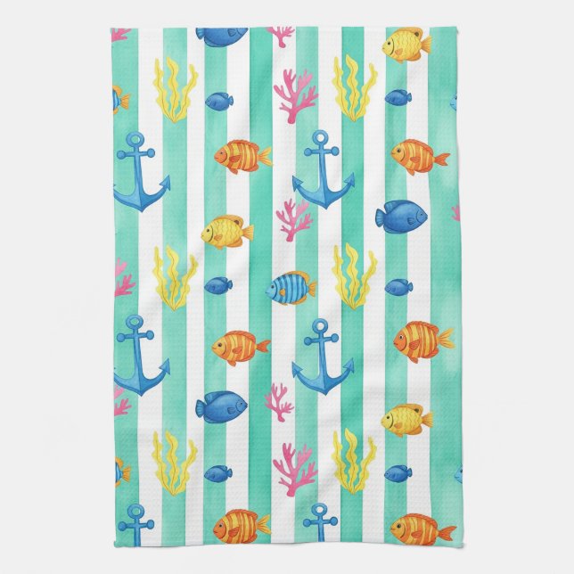 Retro Nautical Watercolor Pattern (9) Tea Towel (Vertical)
