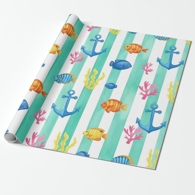 Retro Nautical Watercolor Pattern (9) Wrapping Paper (Unrolled)