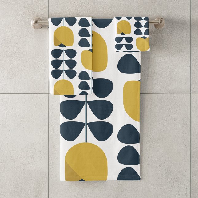 Retro Navy and Yellow Floral Pattern Bath Towel Set (Creator Uploaded)