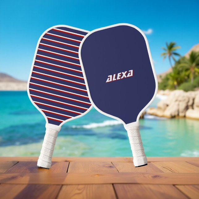Retro Navy Blue 70s Inspired Striped Spring Summer Pickleball Paddle (Creator Uploaded)