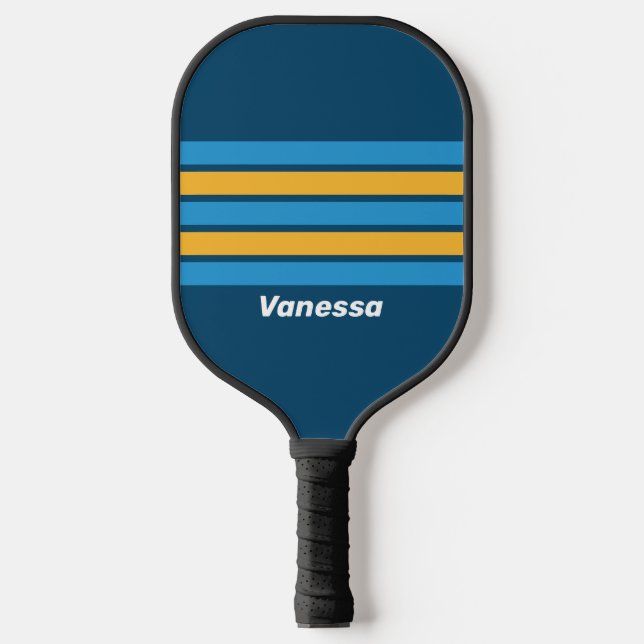 Retro Navy Blue Across Striping with Name Pickleball Paddle (Front)