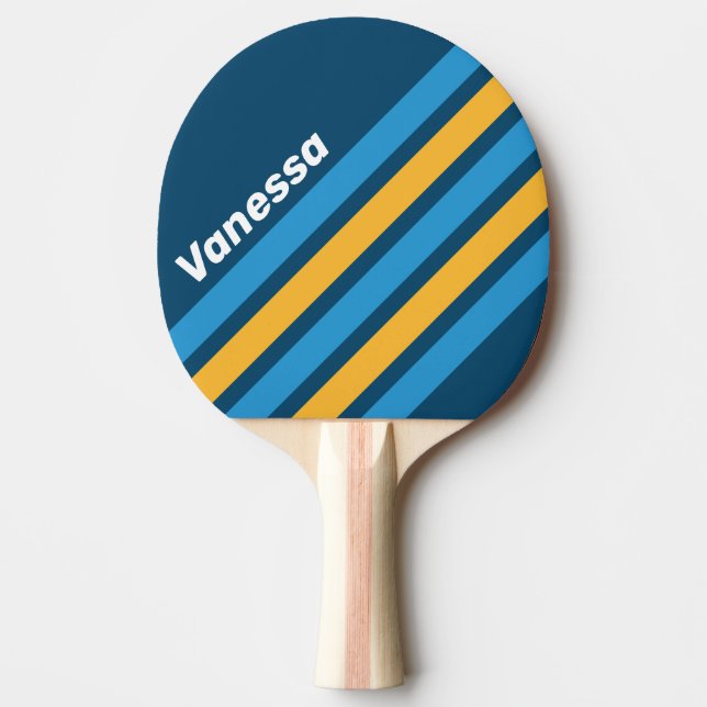 Retro Navy Blue Angled Striping with Name Ping Pong Paddle (Front)
