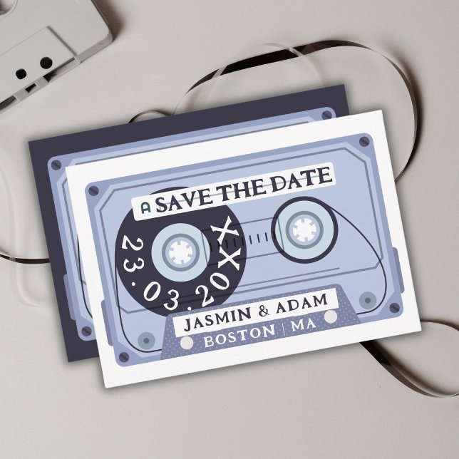 Retro Navy Blue Cassette Tape Wedding Save The Date (Creator Uploaded)