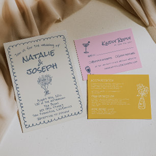 Retro Navy blue Hand Drawn Written Funky Wedding Invitation