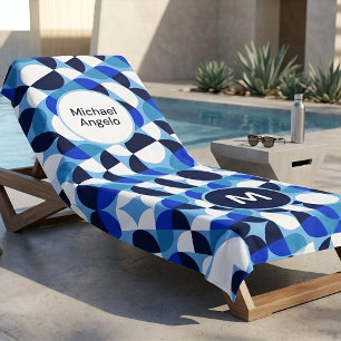 Retro Navy Blue Mid Century Modern Custom Name Beach Towel