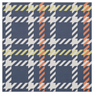 Retro navy blue orange houndstooth plaid pattern fabric