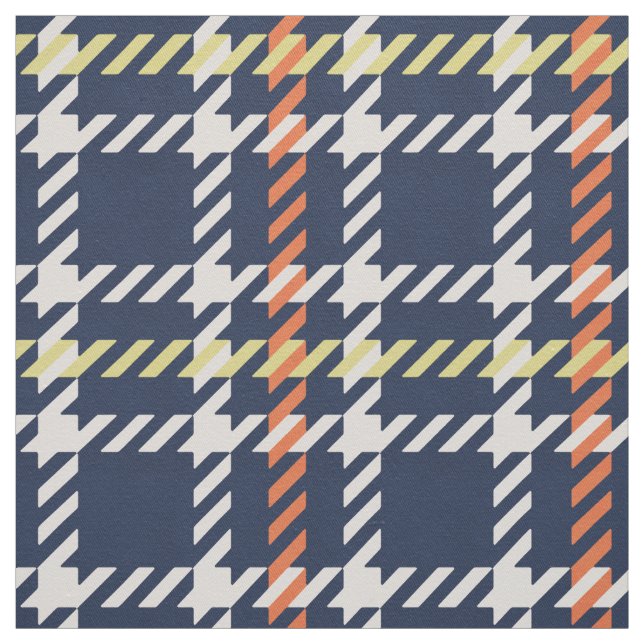 Retro navy blue orange houndstooth plaid pattern fabric (Swatch)