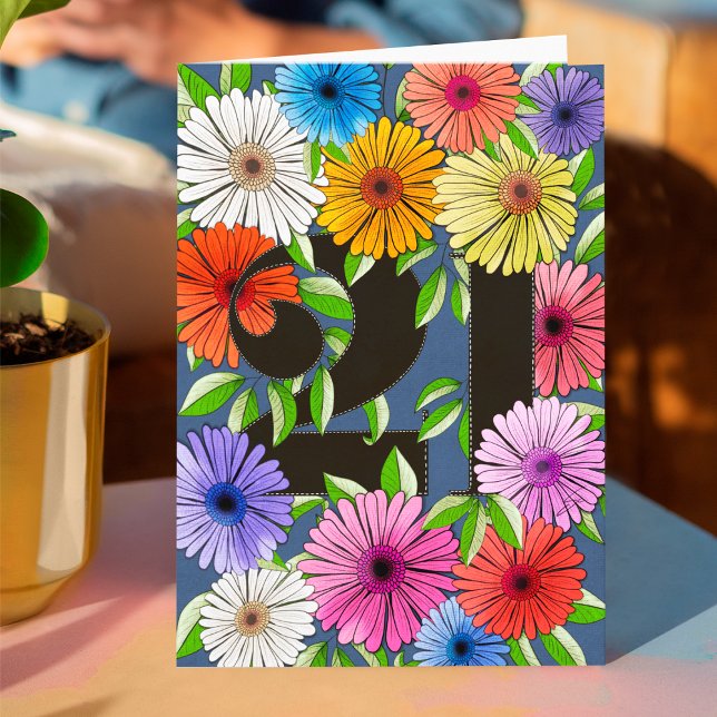 Retro Navy Blue Personalised 21st Birthday Floral Card (Creator Uploaded)