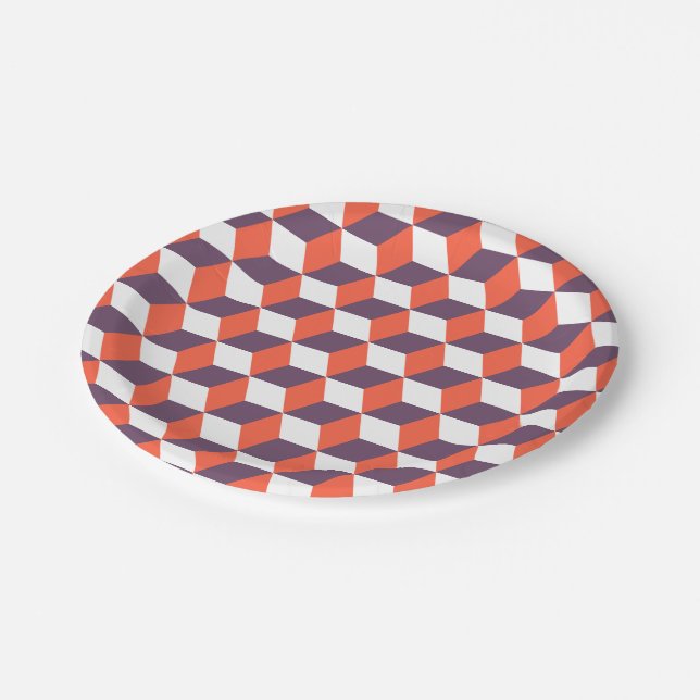 Retro Navy Blue Red Cube Modern Geometric Pattern Paper Plate (Angled)