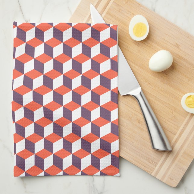 Retro Navy Blue Red Cube Modern Geometric Pattern Tea Towel (Quarter Fold)
