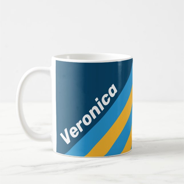 Retro Navy Blue Stripes with Name Coffee Mug (Left)
