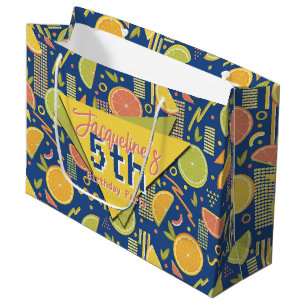Retro Navy Blue Summer Citrus Fruit Birthday Large Gift Bag