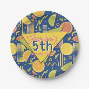Retro Navy Blue Summer Citrus Fruit Birthday Paper Plate