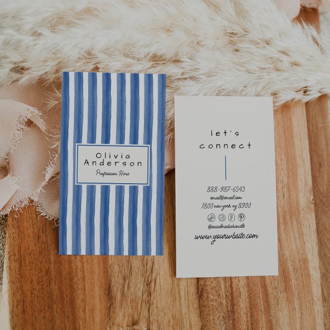 Retro Navy Blue Teal Hand Drawn Stripes Boho  Business Card (Creator Uploaded)
