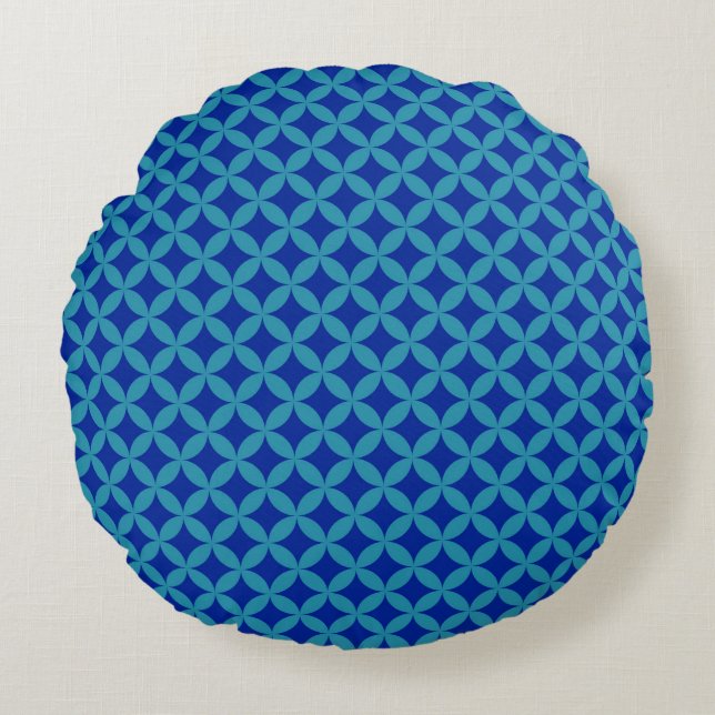 Retro navy blue turquoise Circle Rosette Lattice  Round Cushion (Front)