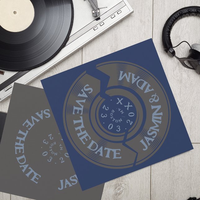 Retro Navy Blue Vinyl Record Groovy Wedding Save The Date (Creator Uploaded)