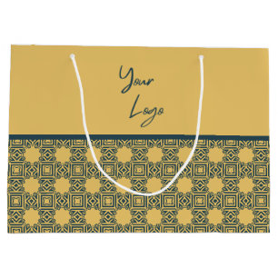 Retro Navy Brown Pattern Custom Business Logo  Large Gift Bag