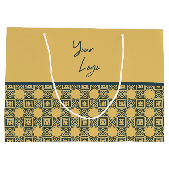 Retro Navy Brown Pattern Custom Business Logo  Large Gift Bag (Back)