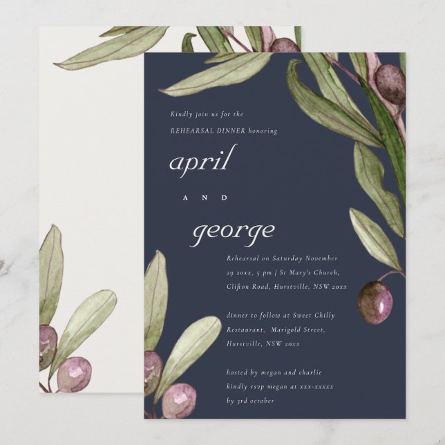 RETRO NAVY OLIVE FOLIAGE REHEARSAL DINNER INVITE (Front/Back)