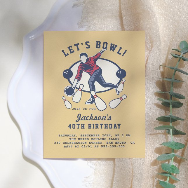 Retro Navy, Red & Mustard Bowling Birthday Party Invitation Postcard (Creator Uploaded)