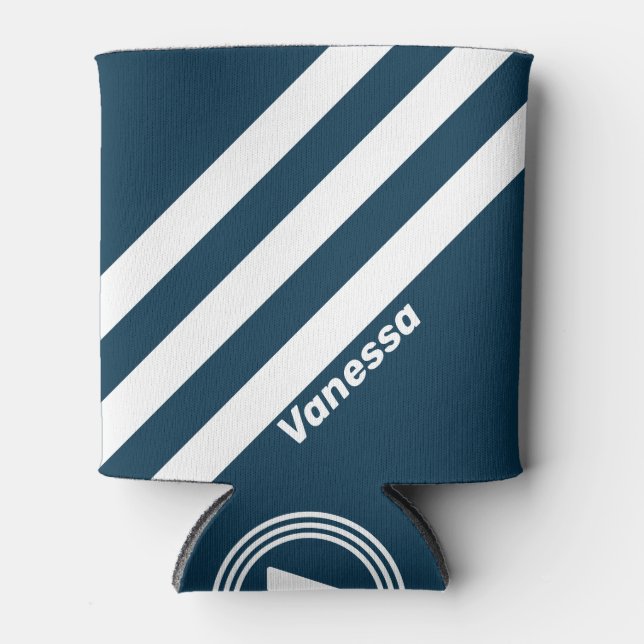 Retro Navy Three Stripes with Name Can Cooler (Front)