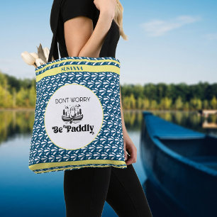 Retro Navy Water Pattern Canoe Otter Custom Name Tote Bag