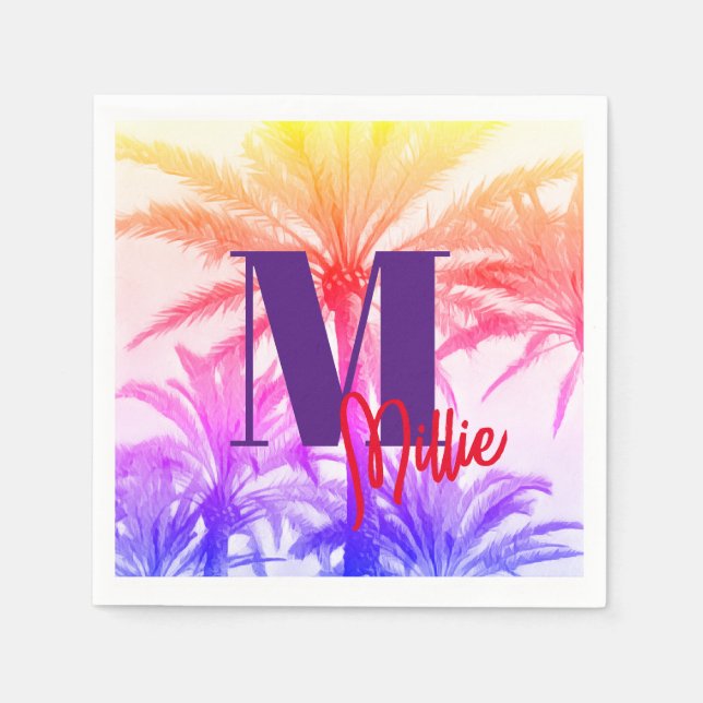 Retro Neon 80’s Tropical Palm Tree Paper custom Napkin (Front)