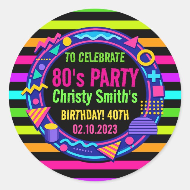 Retro Neon 80s Birthday adult Party Classic Round Sticker (Front)