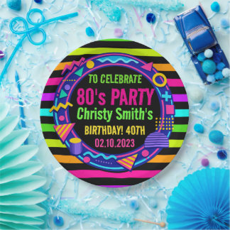 Retro Neon 80s Birthday adult Party Paper Plate