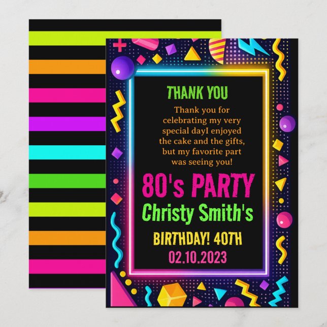 Retro Neon 80s Birthday Adult Party Thank You Card (Front/Back)