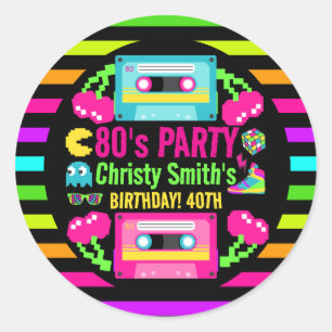 Retro Neon 80s Birthday Party Classic Round Sticker