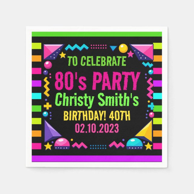 Retro Neon 80s Birthday Party Napkin (Front)