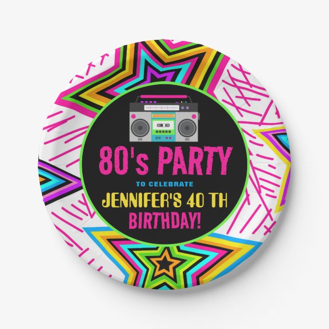 Retro Neon 80s Birthday Party  Paper Plate (Front)