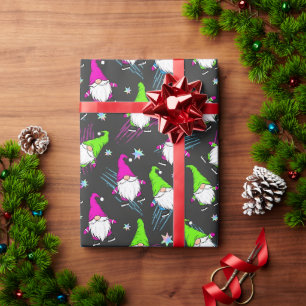 Retro Neon 80s Ice Skating Gnomes Wrapping Paper
