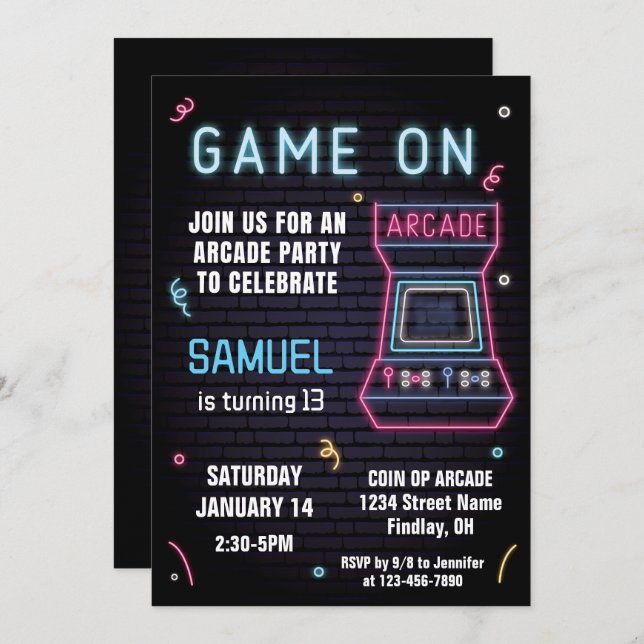 Retro Neon Arcade Game Birthday Party, Any Age Invitation (Front/Back)