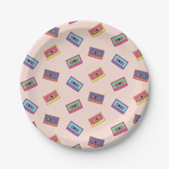 Retro Neon Audio Cassette Tape Pattern Paper Plate (Front)