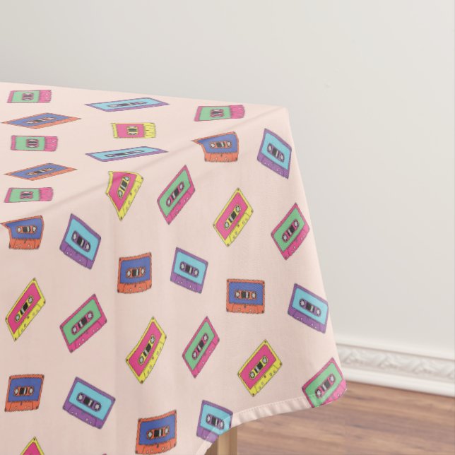 Retro Neon Audio Cassette Tape Pattern Tablecloth (In Situ)
